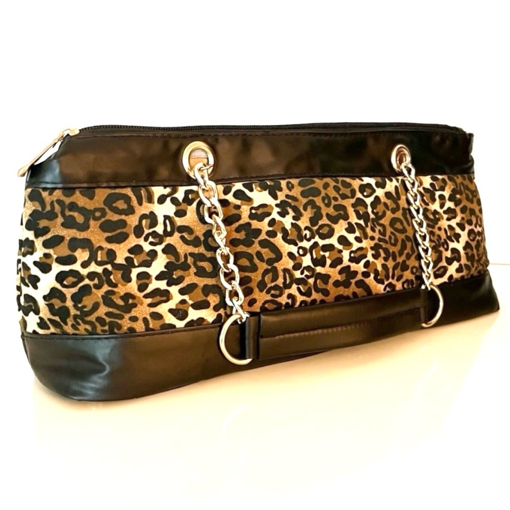 Leopard Print Faux Suede Insulated Lunch Tote Gold Chain Handles